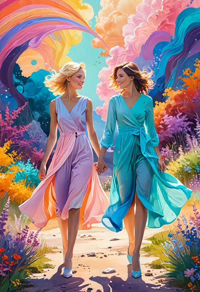 A vibrant, whimsical scene featuring two stylish, confident women in a fantasy setting, surrounded by ethereal colors and dreamy landscapes. One woman playfully dominates the other, showcasing a playful dynamic, with elements of abstract art swirling around them to evoke a sense of allure and fantasy. Incorporate soft pastel tones and bold accents to highlight the themes of exploration and empowerment. digital art. vibrant colors. fantasy style.