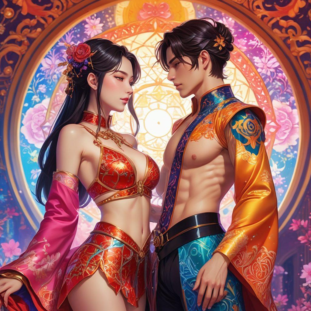 A dynamic scene featuring a strong, confident female character playfully dominating a submissive partner, both elegantly styled in colorful, intricate fantasy outfits. The background should be a vibrant, dreamlike world with elements of hentai aesthetics, showcasing sensuality and empowerment in a striking, artistic manner. Soft lighting enhances the mood, while various symbols of kinks subtly blend in. anime art style. vivid colors. fantasy theme.