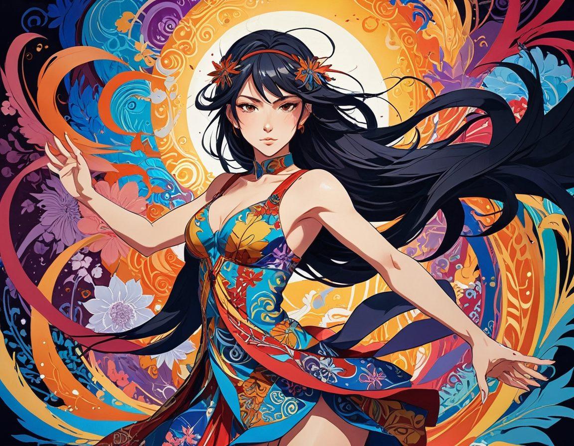 A powerful female figure exuding confidence, surrounded by colorful, dynamic illustrations of diverse characters from hentai stories, highlighting themes of empowerment and passion. Intricate patterns representing feminine energy intertwine in the background, creating a sense of movement and allure. The overall atmosphere is vibrant and inviting, with bold colors that evoke a sense of freedom and exploration. anime style. vibrant colors. dynamic composition.